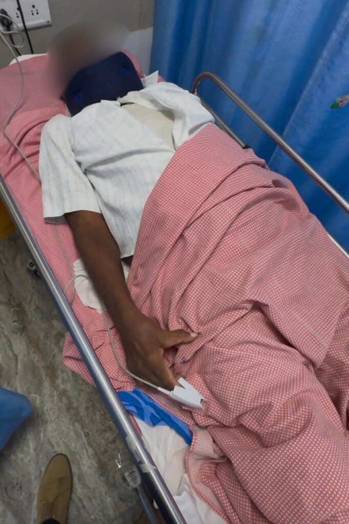 The patient was examined on stretcher and had difficulty in moving all his limb. Soft cervical collar was applied.